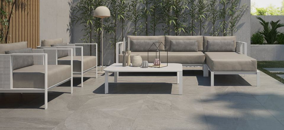 Outdoor porcelain on a garden patio