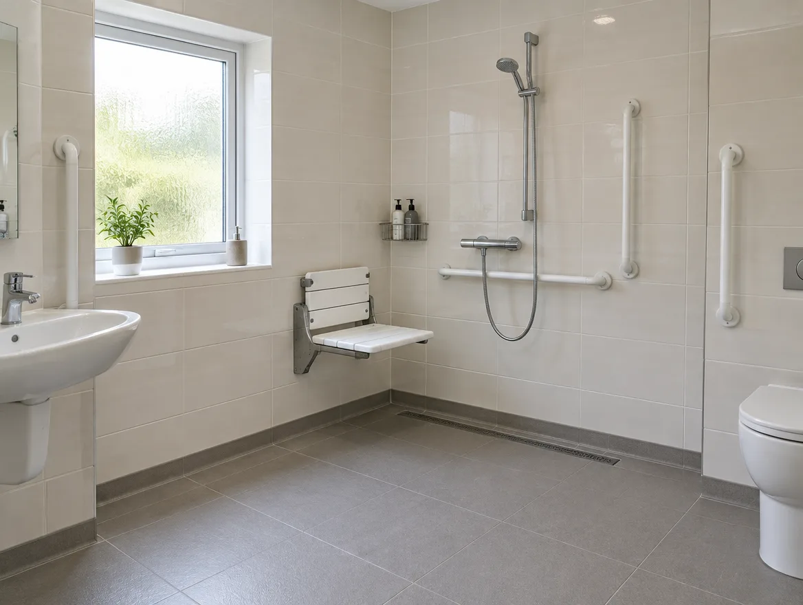 Level-access care home wet room with slip-resistant floor and grab rails