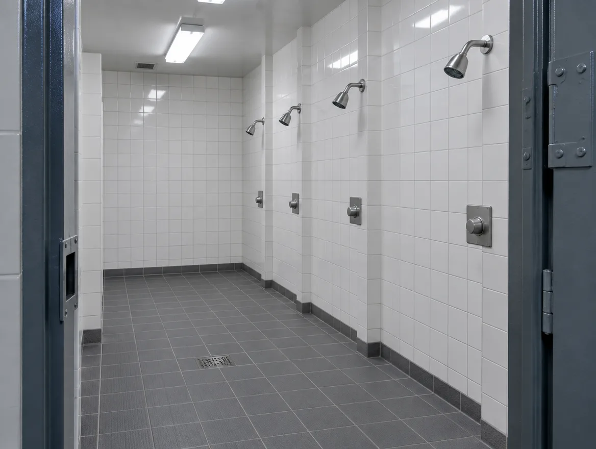 Secure-site shower block with robust white wall tiles and anti-slip floor