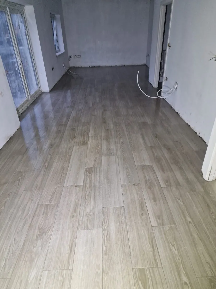 Grey wood-effect plank tiles in the Helmdale show home, Natland